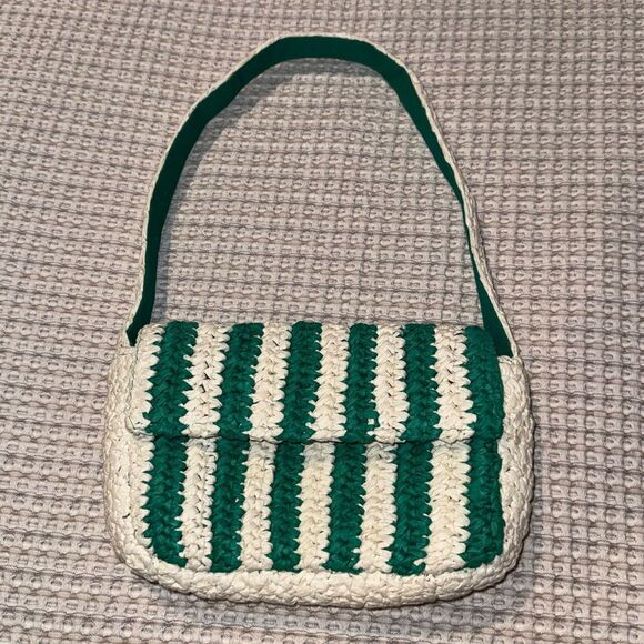 Anthropologie Striped Raffia Shoulder Bag Green Retro Cream Chic NWOT - Picture 2 of 3